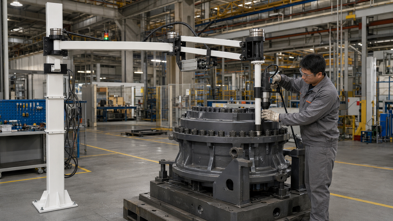 KURAN KR009 floor-mounted torque reaction arm tightening a large industrial gearbox