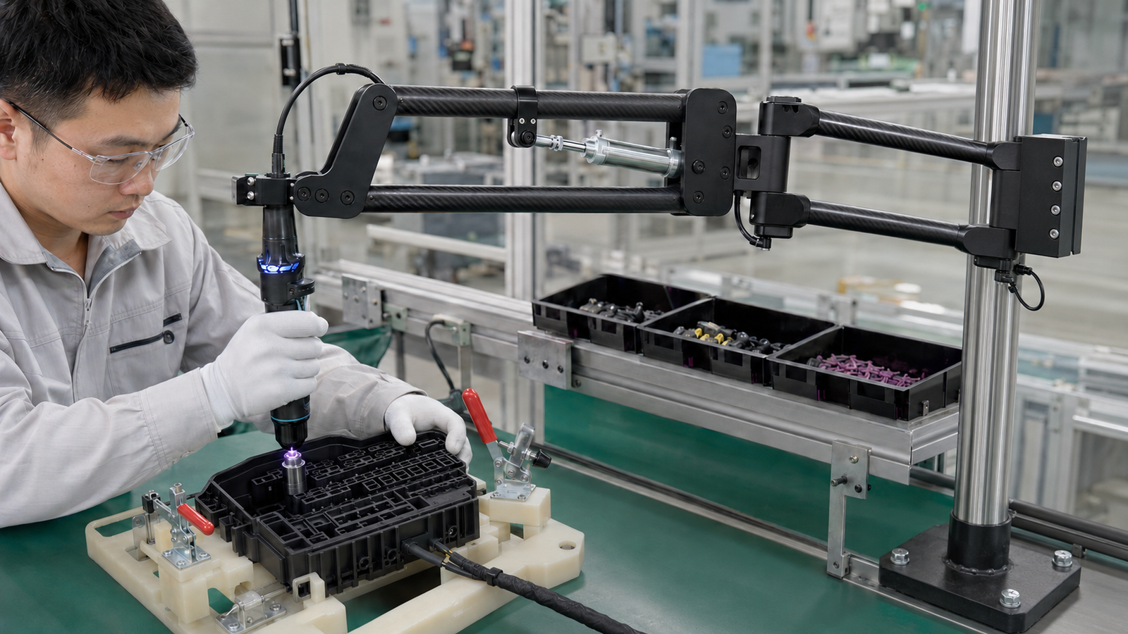 KURAN torque reaction arm for automotive wiring harness connector assembly