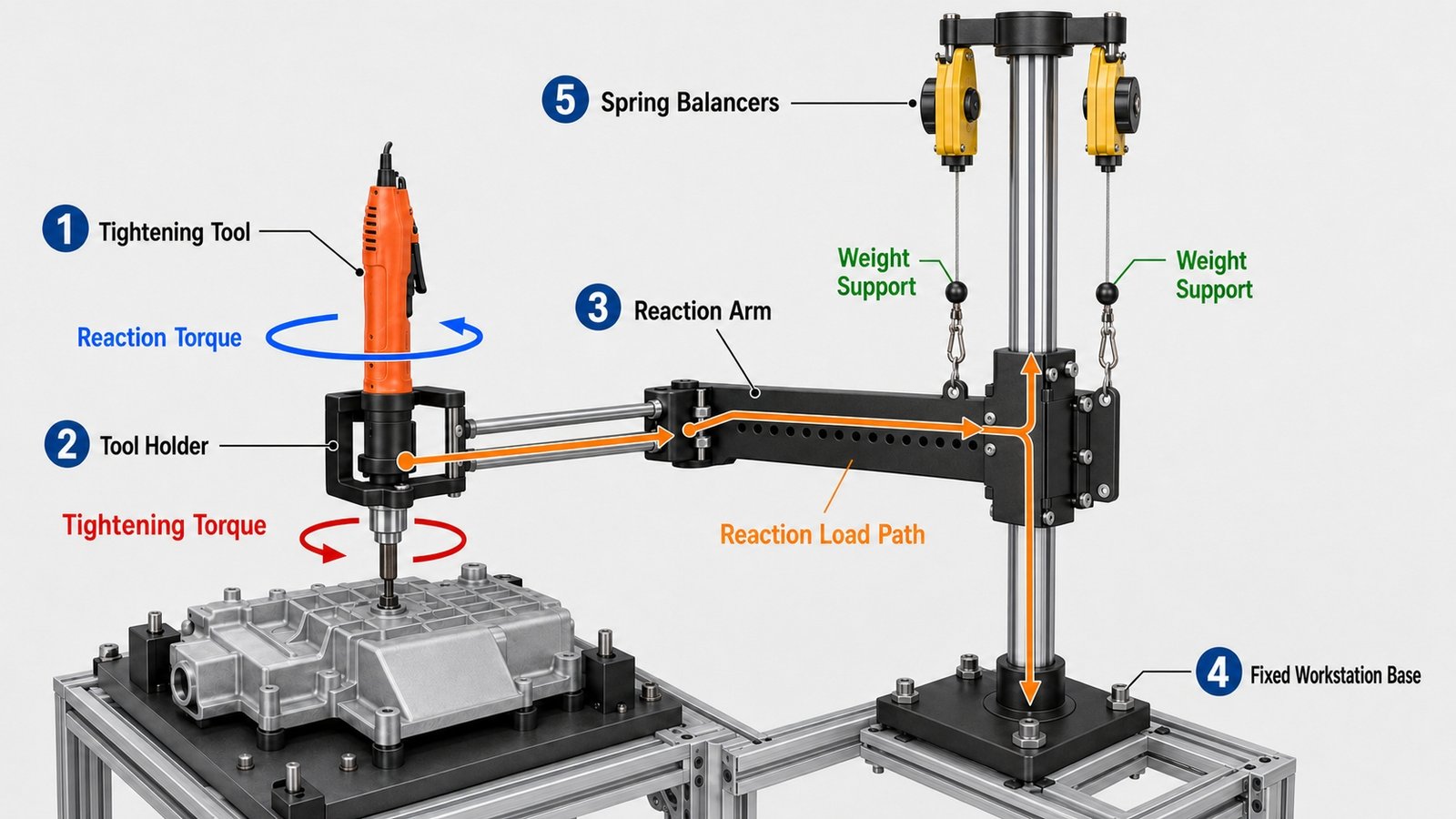 Diagram showing how a torque reaction arm transfers reaction torque to a fixed workstation base