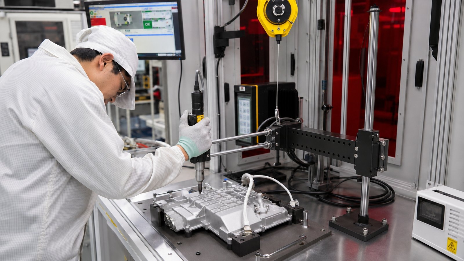KURAN torque reaction arm supporting an electric tightening tool in an assembly workstation