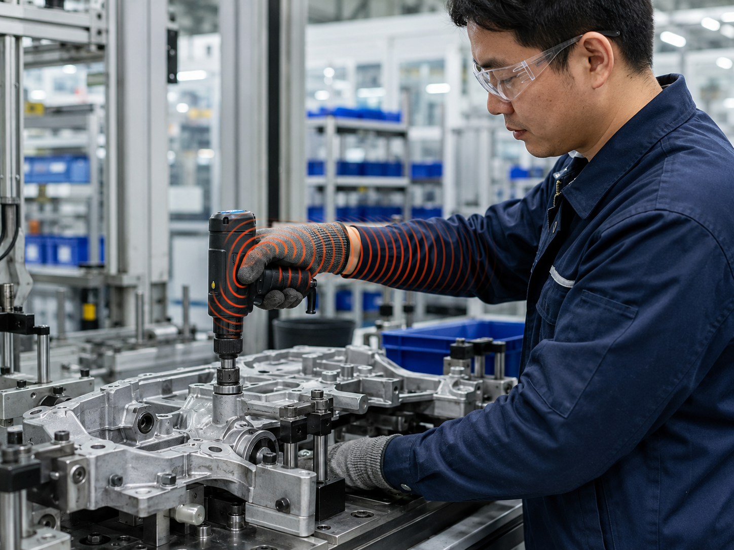 Operator using an electric tightening tool as vibration reaches the hands and forearms